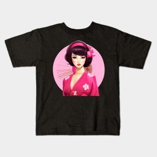 Japanese girl Geisha vintage retro modern pin-up woman in kimono Kids T-Shirt